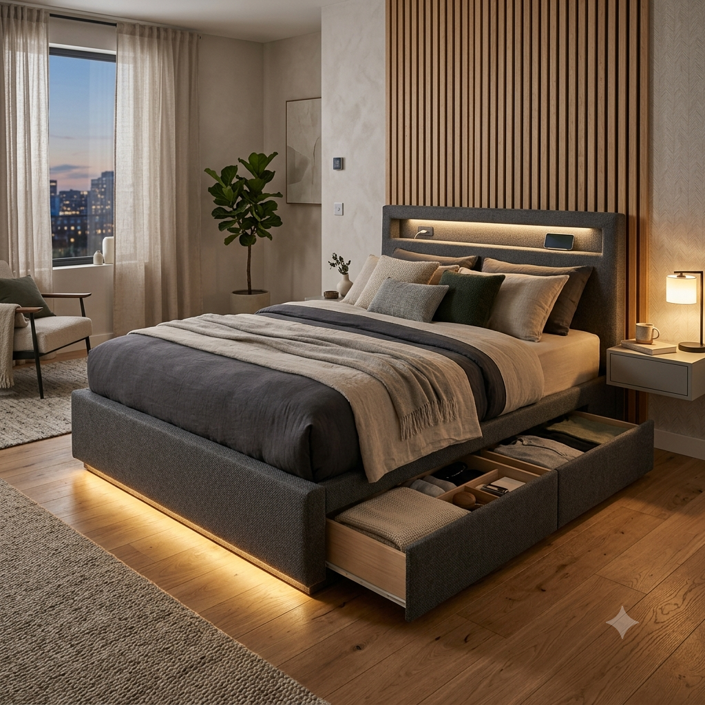 Smart bedframe with push to open drawer storage, a low-profile bed frame engineered with concealed under-bed drawers that deploy via silent magnetic push-mechanisms without visible handles or hinges